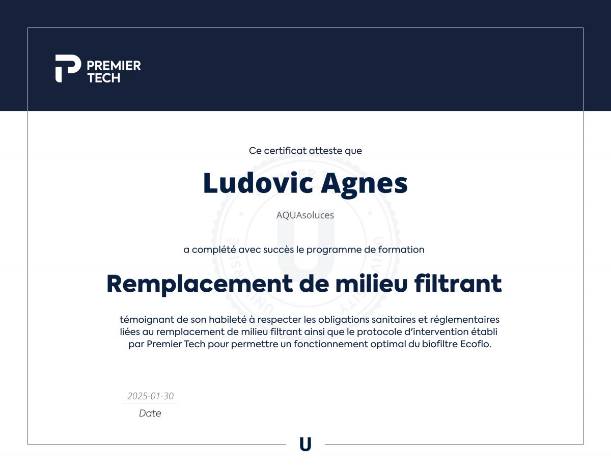 AQUAsoluces formée pour le Renouvellement de Média Filtrant